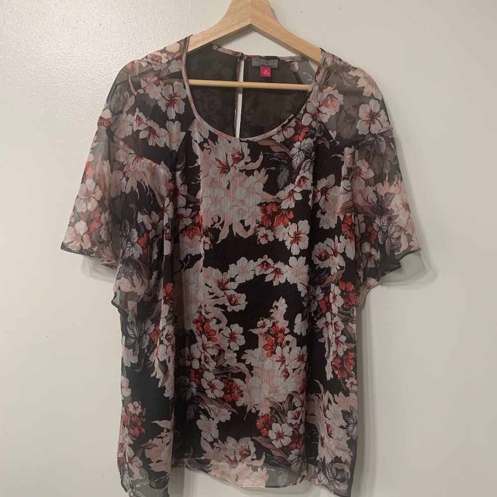 Vince Camuto Black Floral Sheer Blouse with Flutter Sleeves Size 3X
